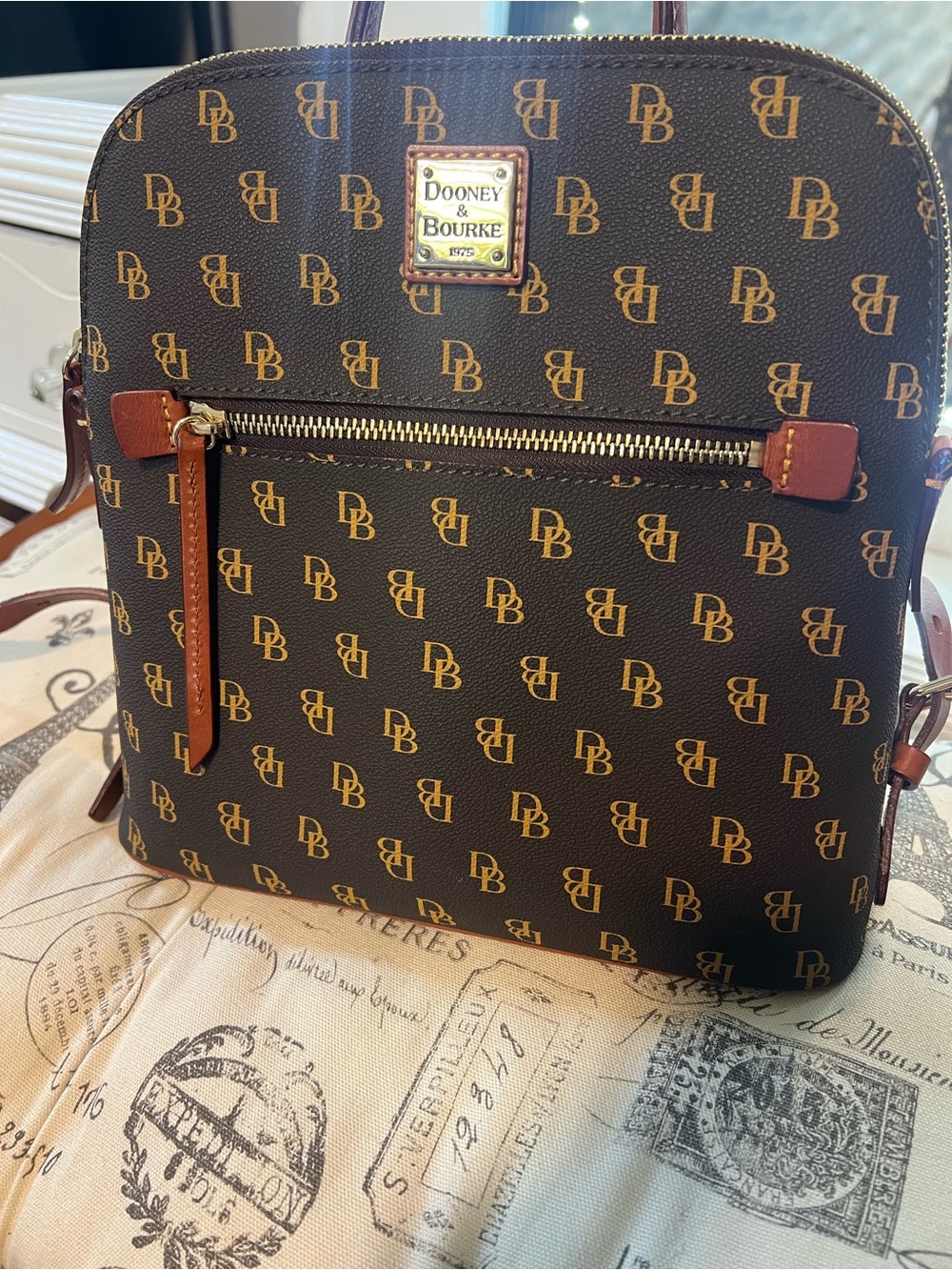 Dooney & Bourke Brown and Gold Logo Messenger Bag